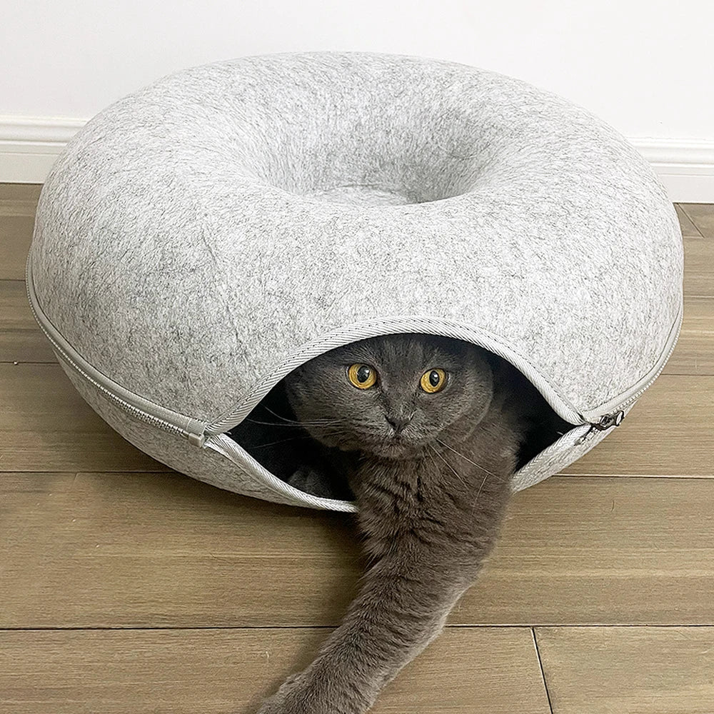 light gray cat donut bed with cat inside