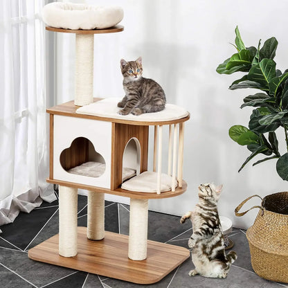 3 level wooden cat condo with cats