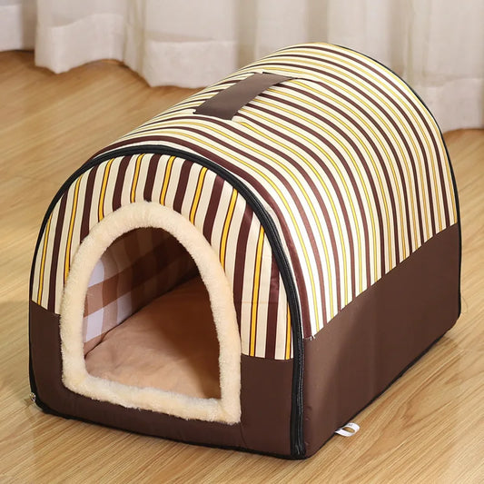 brown pinstriped enclosed cat bed