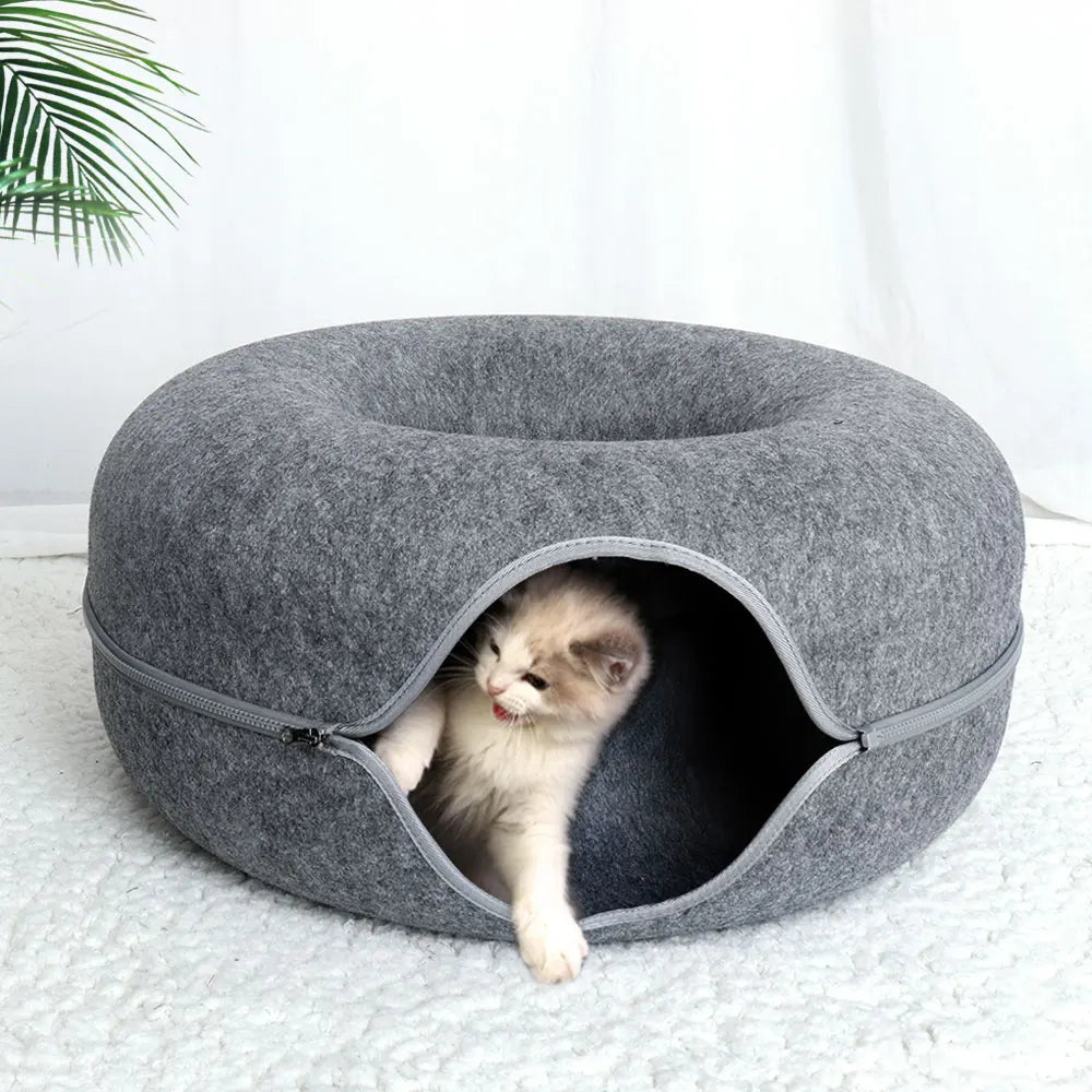 dark gray cat donut bed with kitten inside