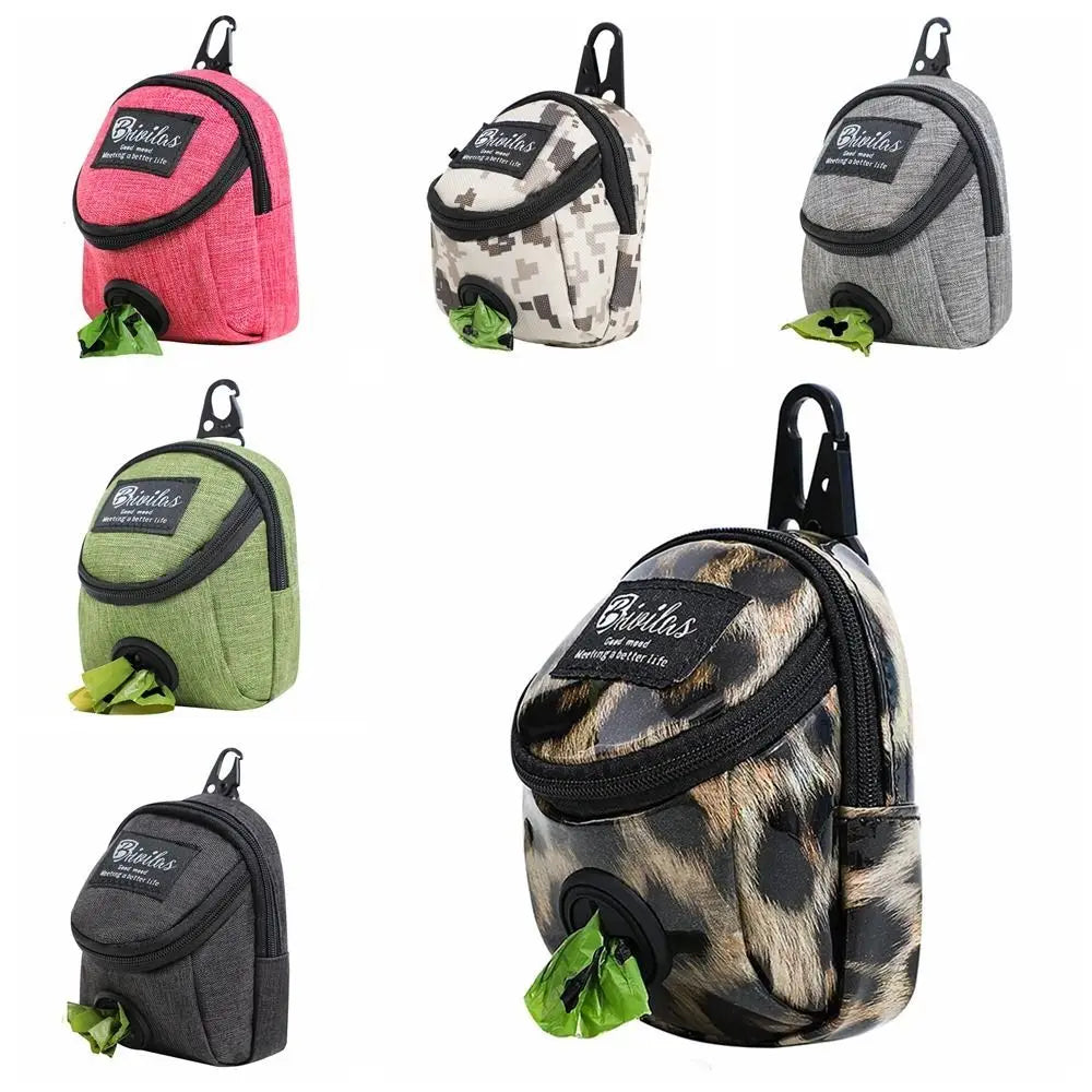 Pet training pouch shown in leopard print, black, green, pink, digital camo print, and gray.