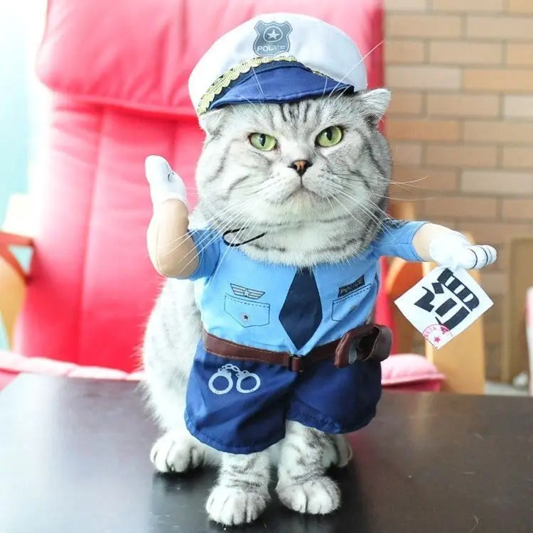 cat wearing police officer pet costume