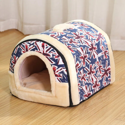 Blue enclosed cat bed with Union Jack print