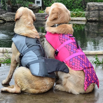 a couple golden retriever dogs wearing mermaid and shark style lifejacket suits