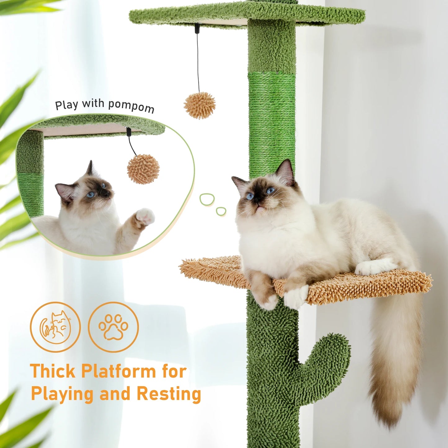 hanging plush ball and thick platform for resting