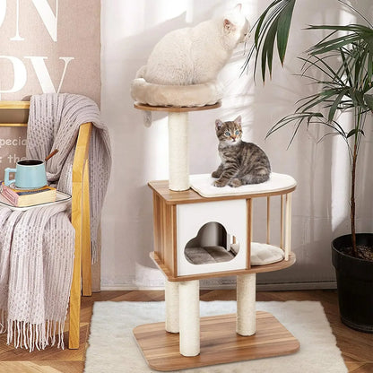 3 level wooden cat condo with cats sitting on perches