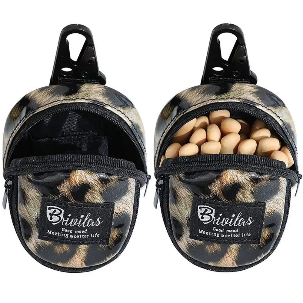 Leopard print dog training pouch shown with and without treats.