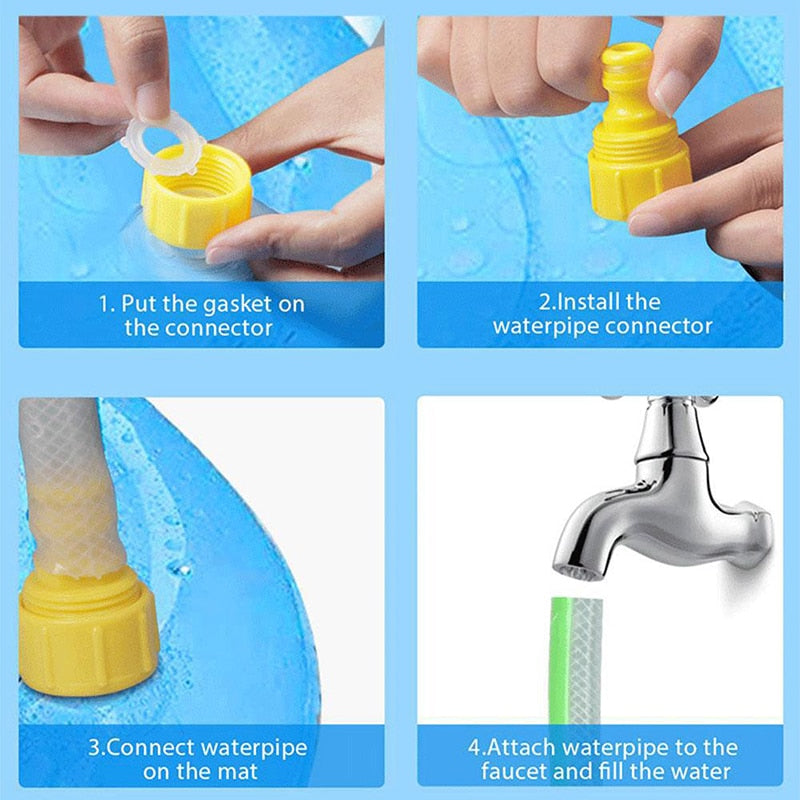 Put the gasket on the connector, install the waterpipe connector, connect waterpipe on the mat, attach waterpipe to the faucet and fill the water.