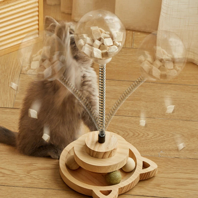 wooden spring loaded shaker ball cat toy