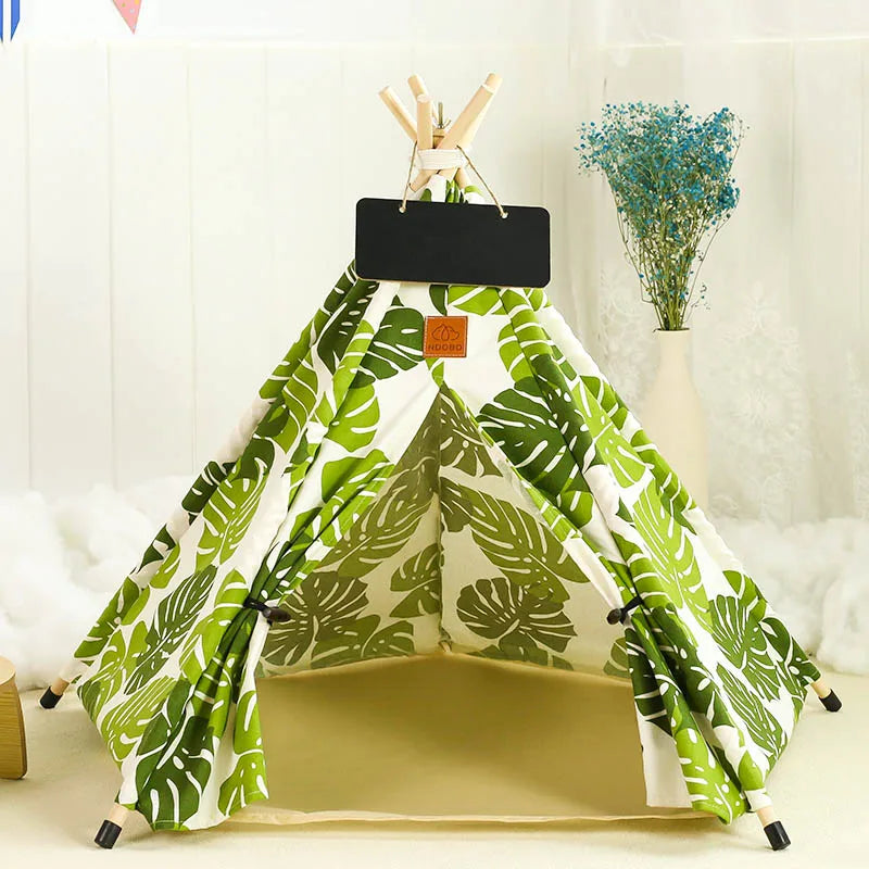 white 5 sided pet tipi tent with green tropical leaves print without pillow