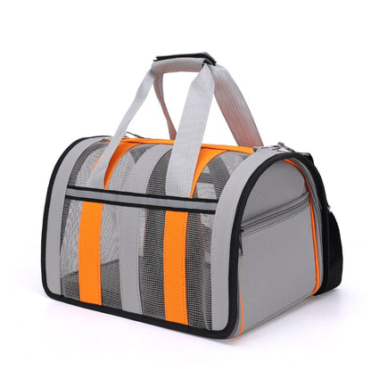 Gray and orange cat carrying bag.