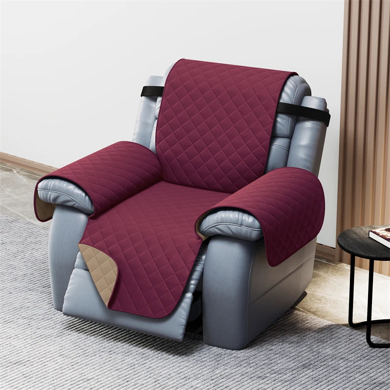 wine red single seat quilted pet cover for lazy boy recliner shown in room