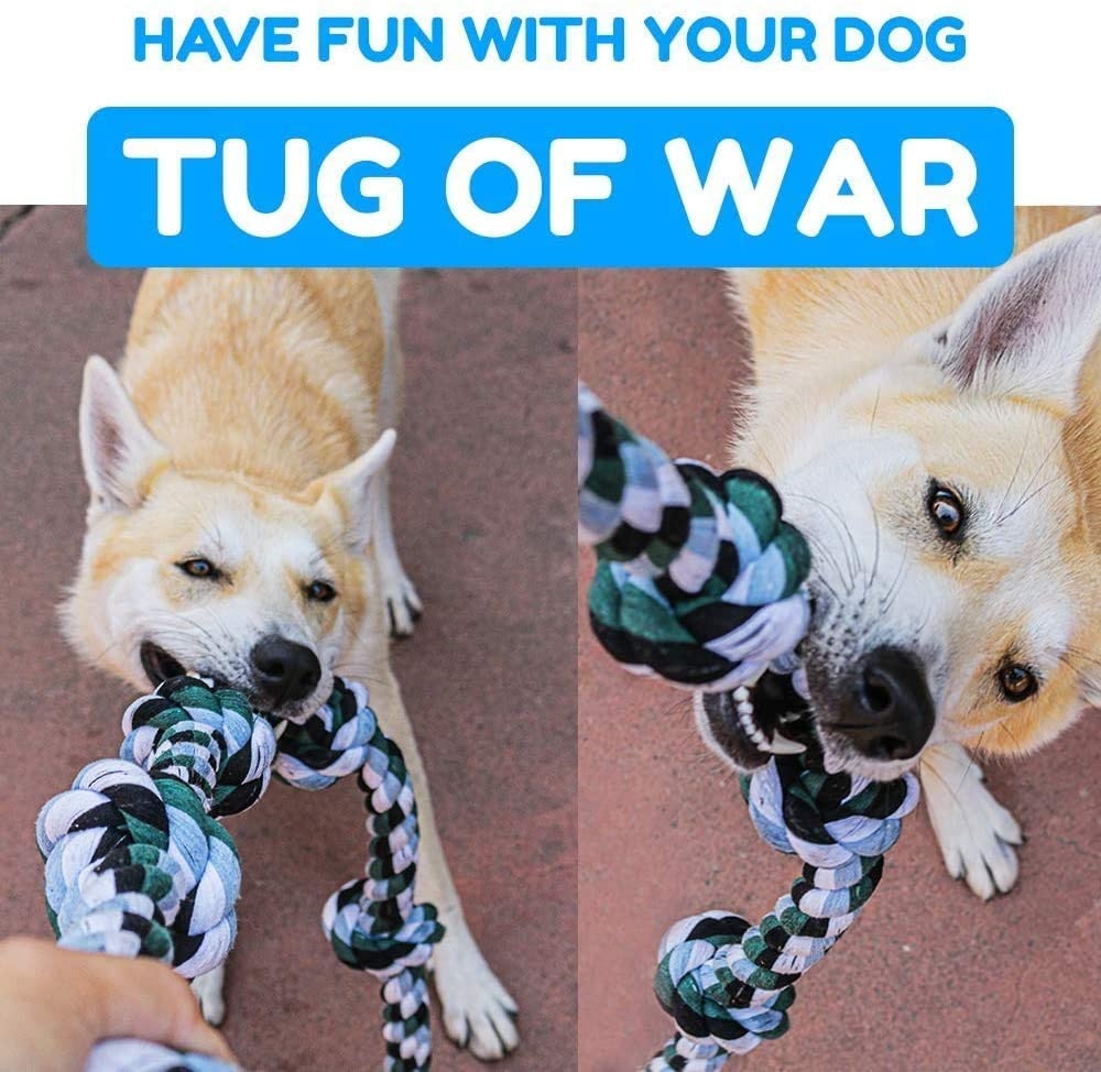 Example of product being used in game of tug-of-war with a dog.