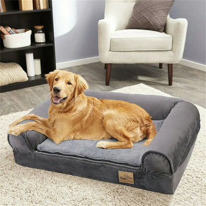 Gray orthopedic bolster dog bed for large dogs.