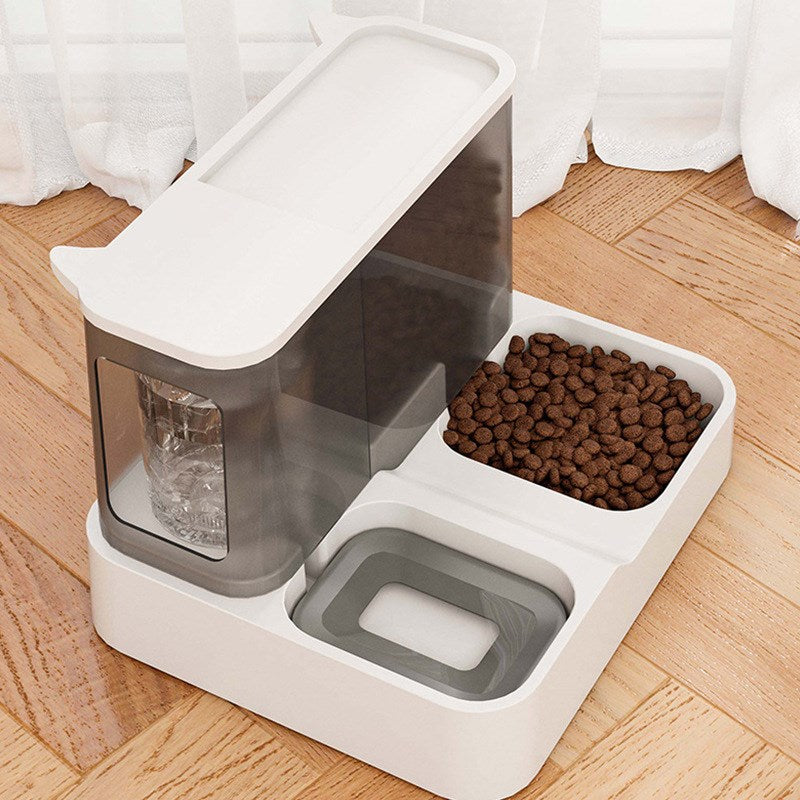 gray pet gravity feeder with food and water