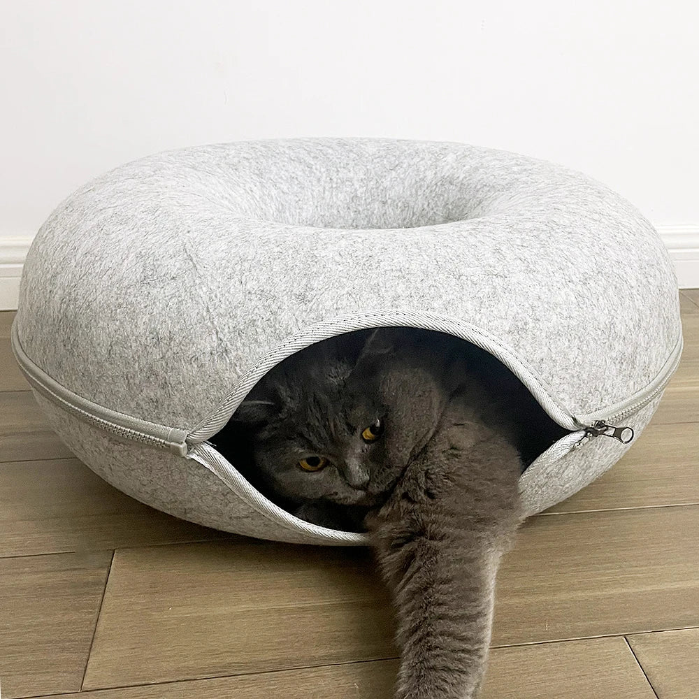 light gray cat donut bed with cat inside