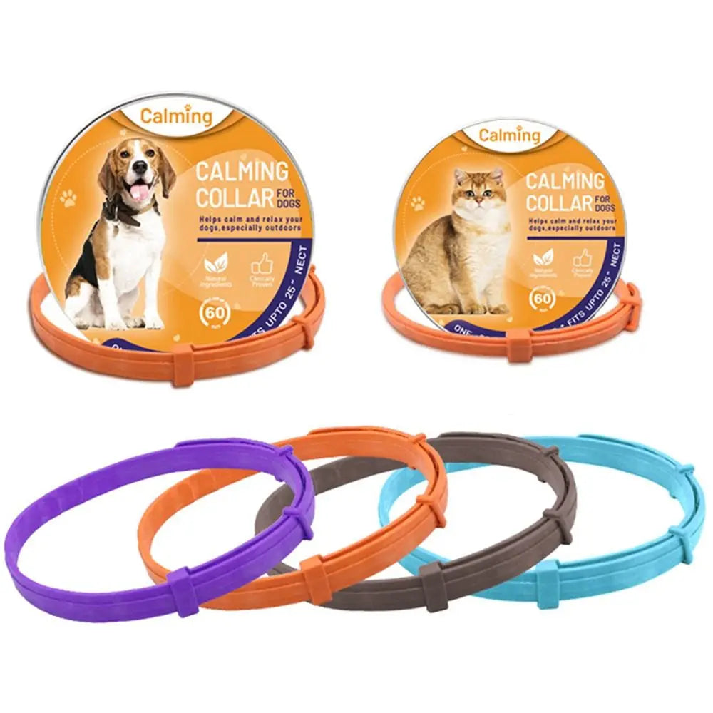 Calming collar available for cats and dogs in purple, orange, gray, and light blue