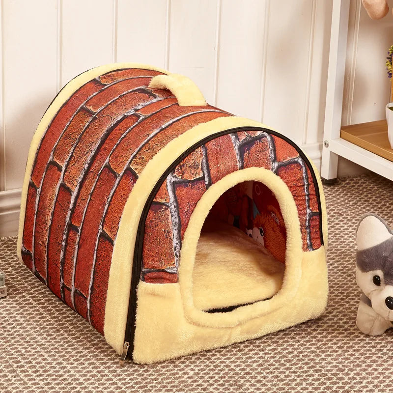 enclosed cat bed with brick print