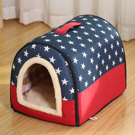 Red and blue enclosed cat bed with white stars