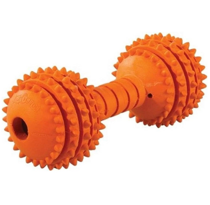 dumbbell shaped dog chew toy in orange