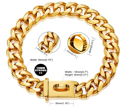 W/W LIFETIME Heavy-Duty Stainless Steel Chain Link Dog Collar - 18K Gold