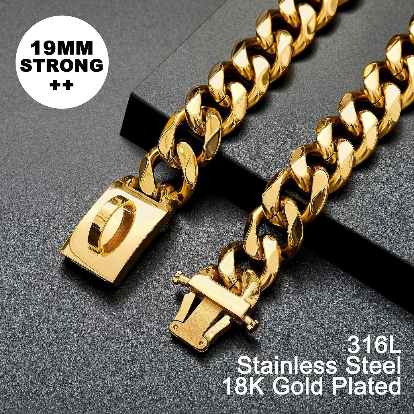 W/W LIFETIME Heavy-Duty Stainless Steel Chain Link Dog Collar - 18K Gold