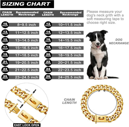 W/W LIFETIME Heavy-Duty Stainless Steel Chain Link Dog Collar - 18K Gold