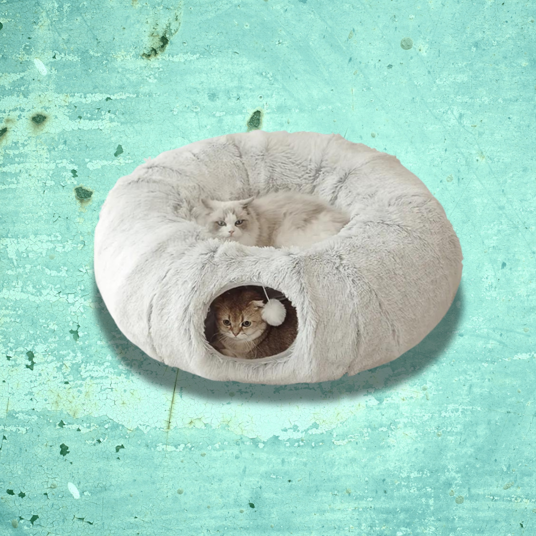 A semi-enclosed donut shaped plush cat bed and two cats.