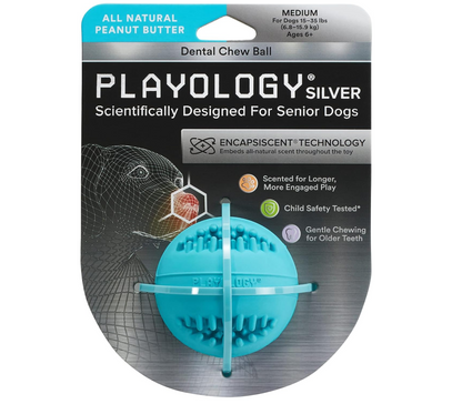 PLAYOLOGY Silver Dental Chew Ball Senior Dog Toy