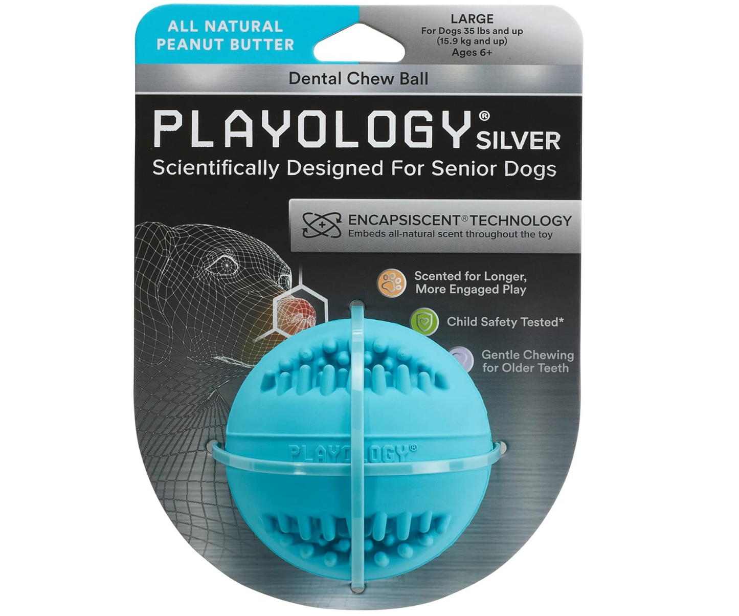 PLAYOLOGY Silver Dental Chew Ball Senior Dog Toy