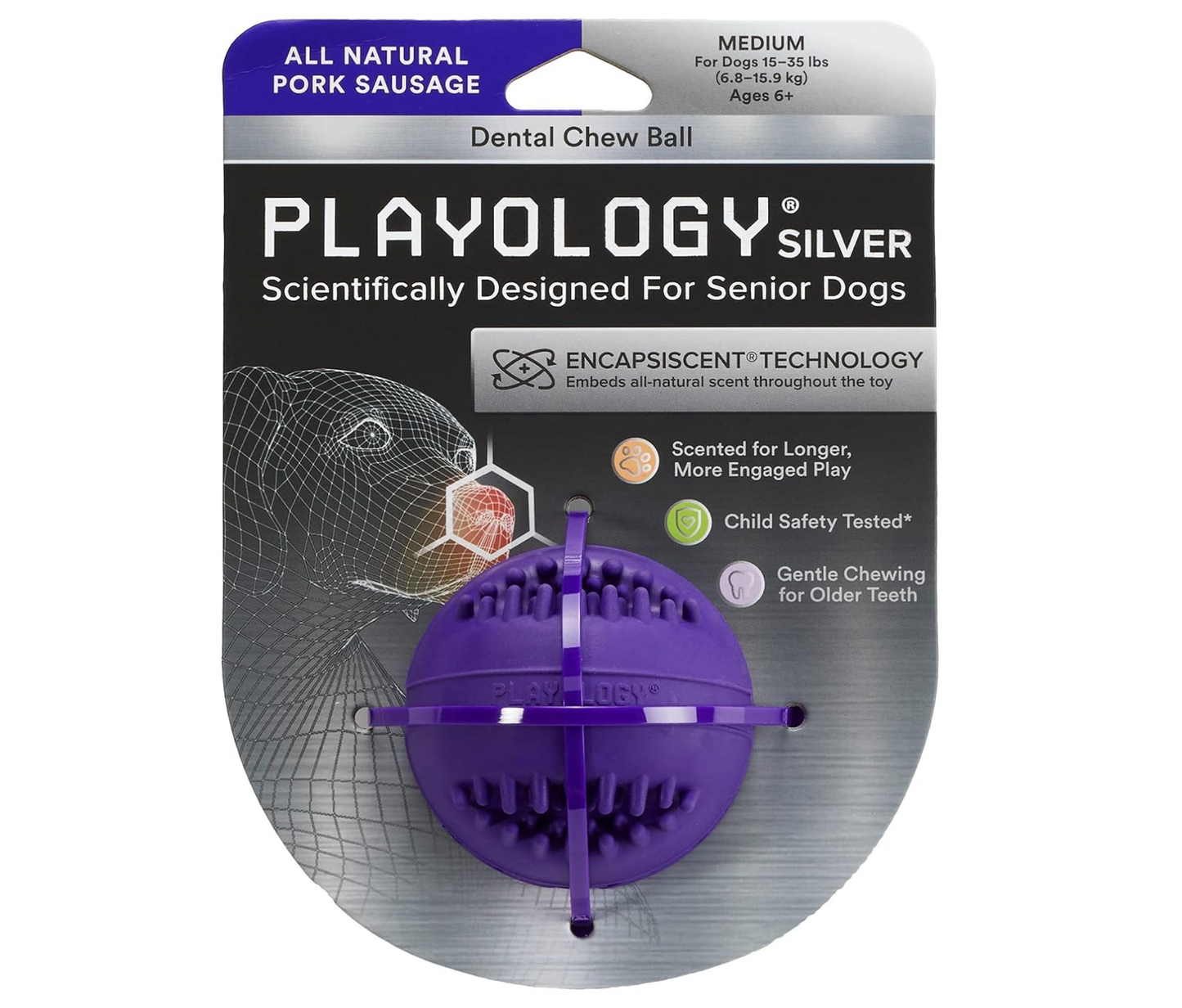 PLAYOLOGY Silver Dental Chew Ball Senior Dog Toy