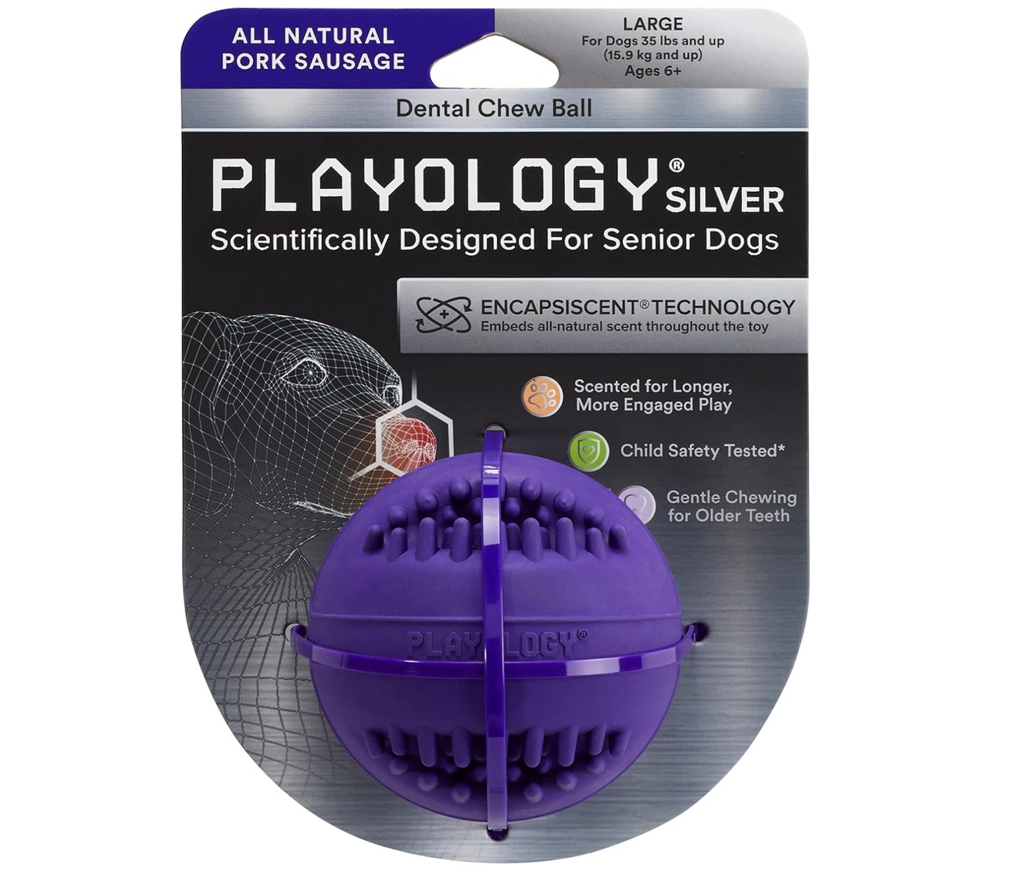 PLAYOLOGY Silver Dental Chew Ball Senior Dog Toy