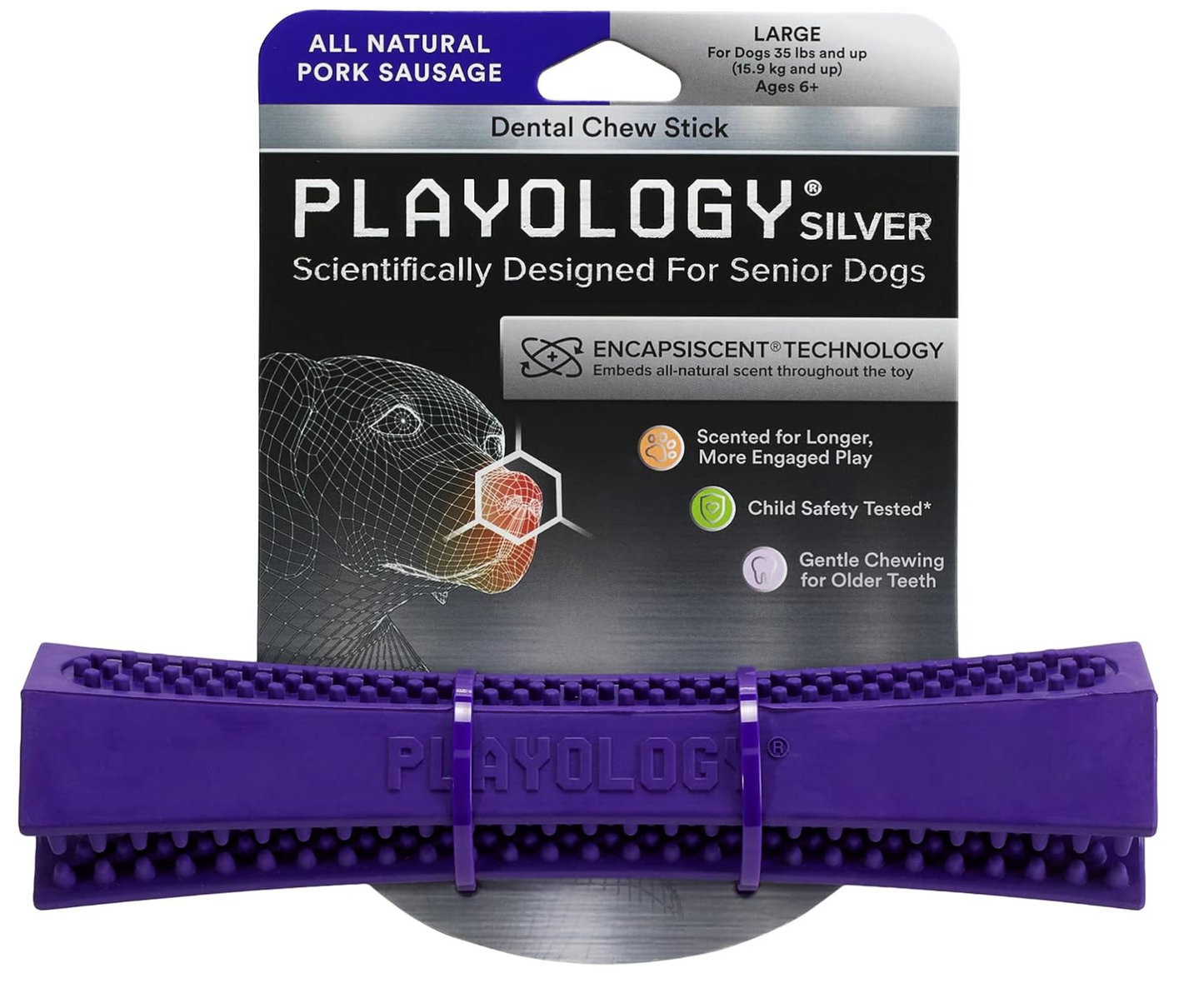 PLAYOLOGY Silver Dental Chew Stick Senior Dog Chew Toy