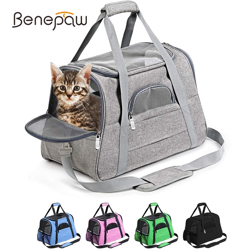 Gray pet carry bag with other colors available including blue, pink, green, and black.