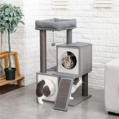 gray cat condo shown in room