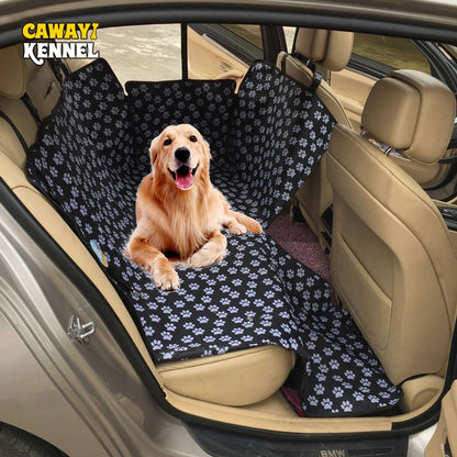 Back seat automotive pet cover in black with white paw prints.