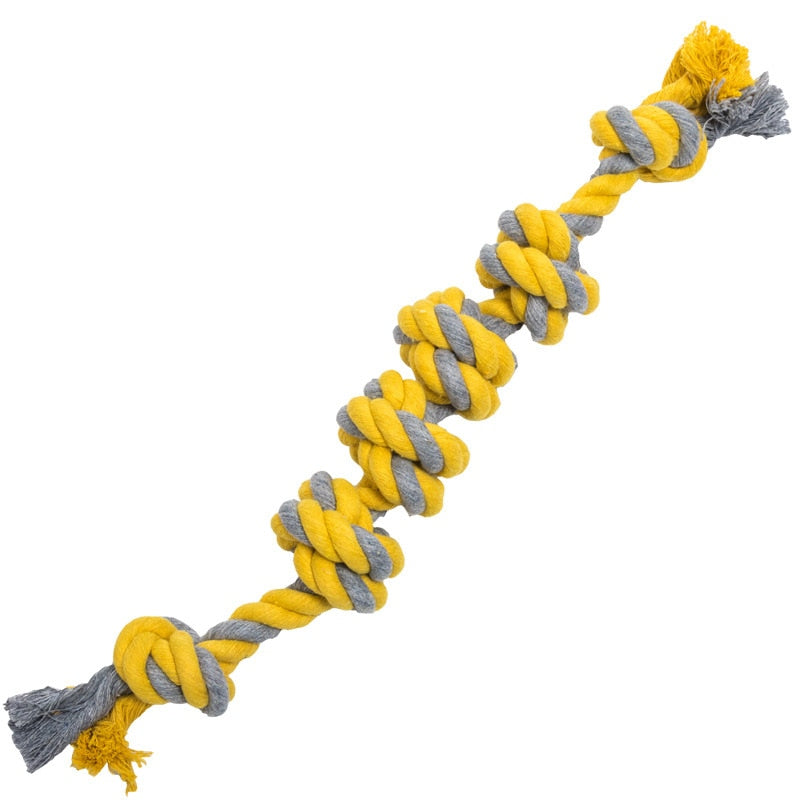 Gray and yellow rope toy with 6 knots.