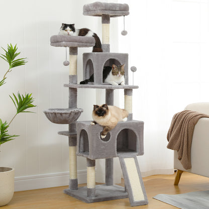 gray multilevel cat condo tower in room