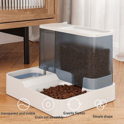 blue pet gravity feeder with food and water