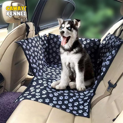 Single seat automotive pet carrier in black with white paw prints, shown with Husky puppy inside and partial zipper closure.