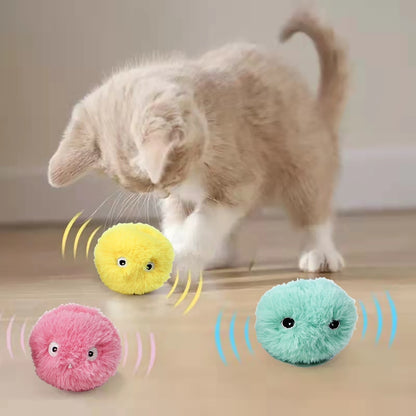 interactive chirping teaser ball toy for cats shown in three colors